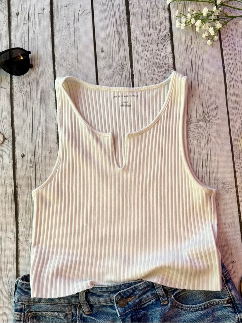 American Eagle Outfitters Cream Ribbed Notch Tank